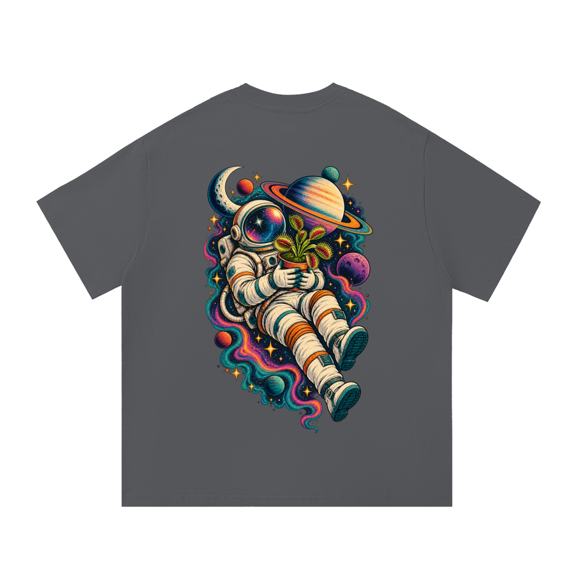 Venus Flytrap In Space Oversized T-Shirt – Carnivorous Plant Galaxy Graphic Tee, Unisex Streetwear