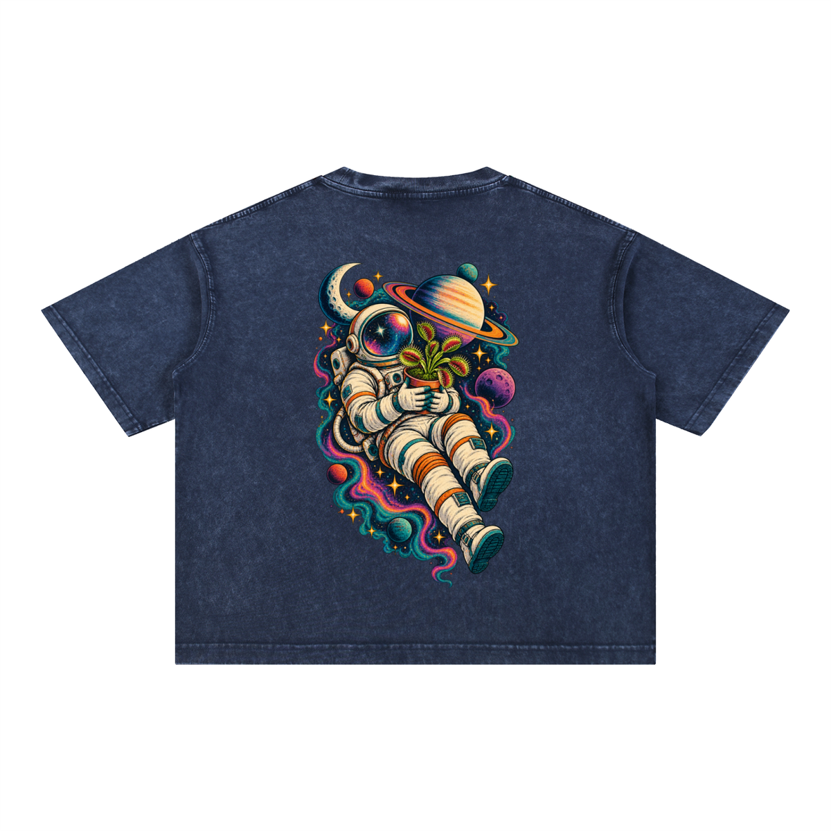 Astronaut & Venus Flytrap Mineral Wash Boxy T-Shirt – Carnivorous Plant Space Graphic, 100% Cotton