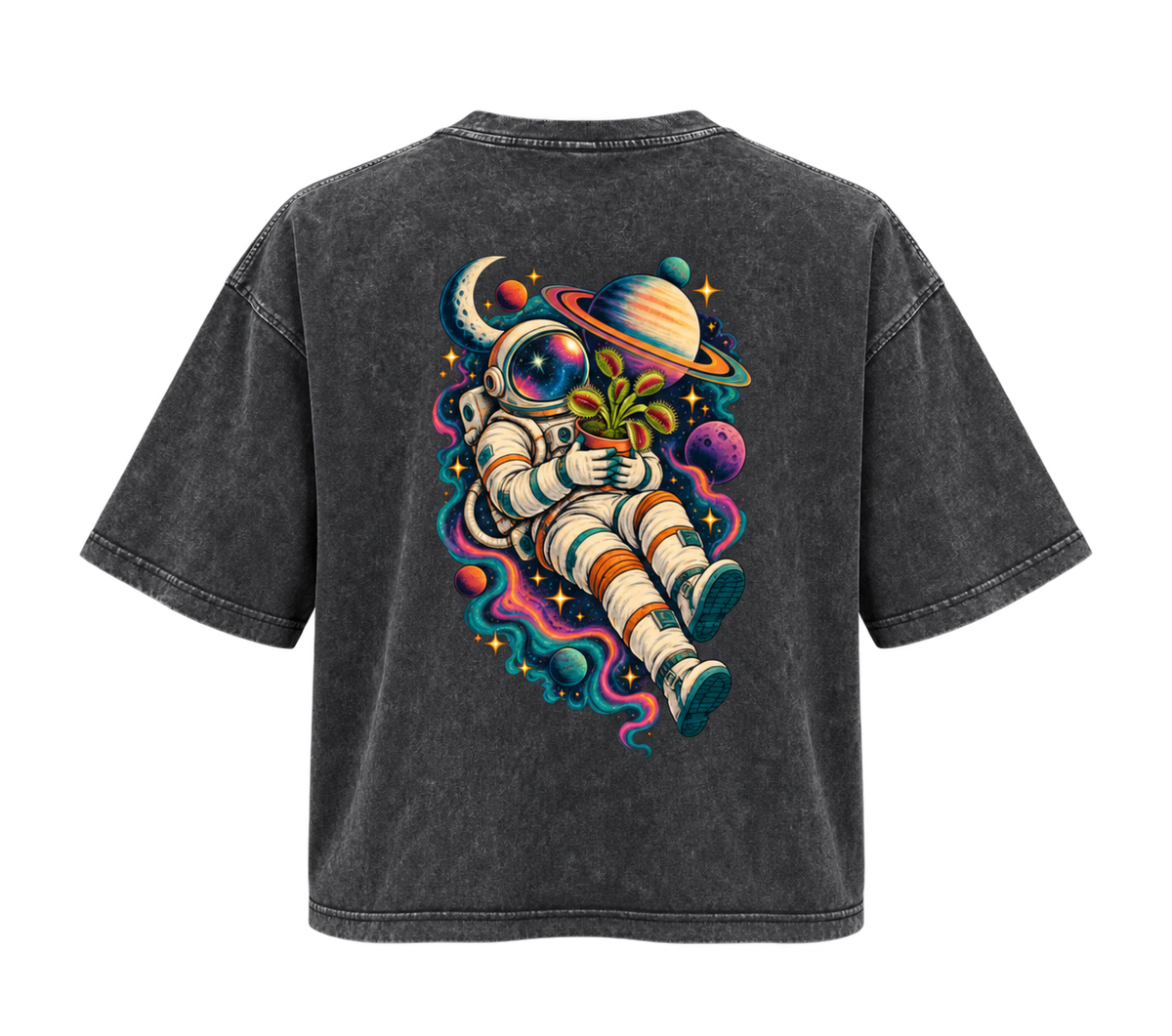 Astronaut & Venus Flytrap Mineral Wash Boxy T-Shirt – Carnivorous Plant Space Graphic, 100% Cotton