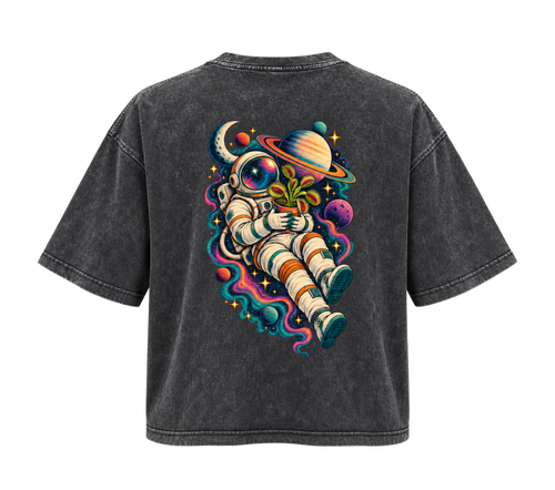 Astronaut & Venus Flytrap Mineral Wash Boxy T-Shirt – Carnivorous Plant Space Graphic, 100% Cotton