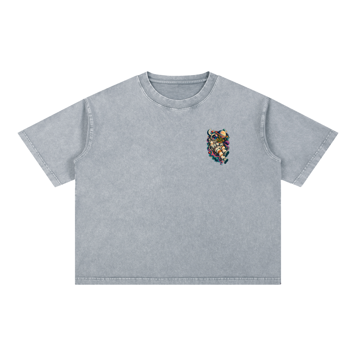 Astronaut & Venus Flytrap Mineral Wash Boxy T-Shirt – Carnivorous Plant Space Graphic, 100% Cotton