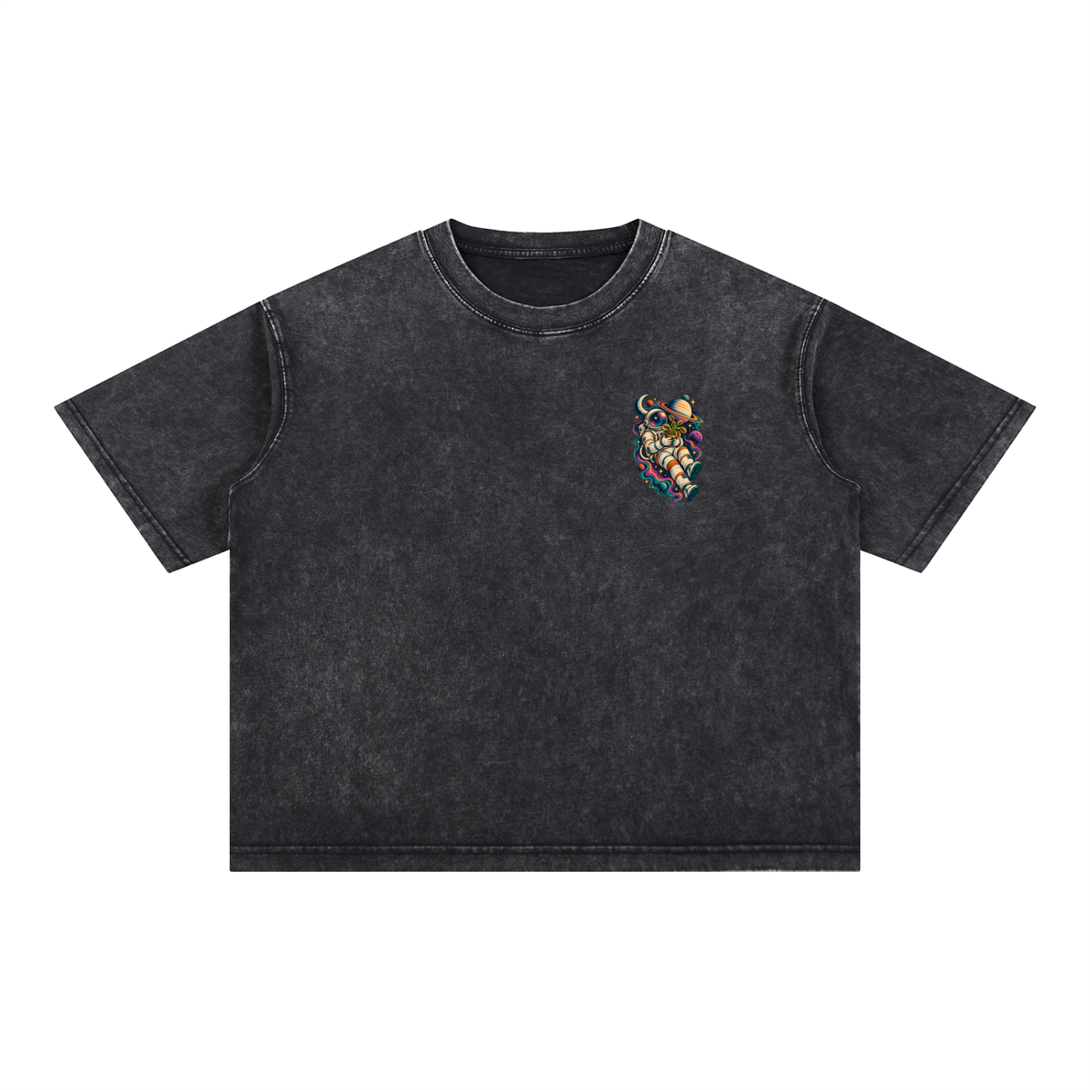 Astronaut & Venus Flytrap Mineral Wash Boxy T-Shirt – Carnivorous Plant Space Graphic, 100% Cotton