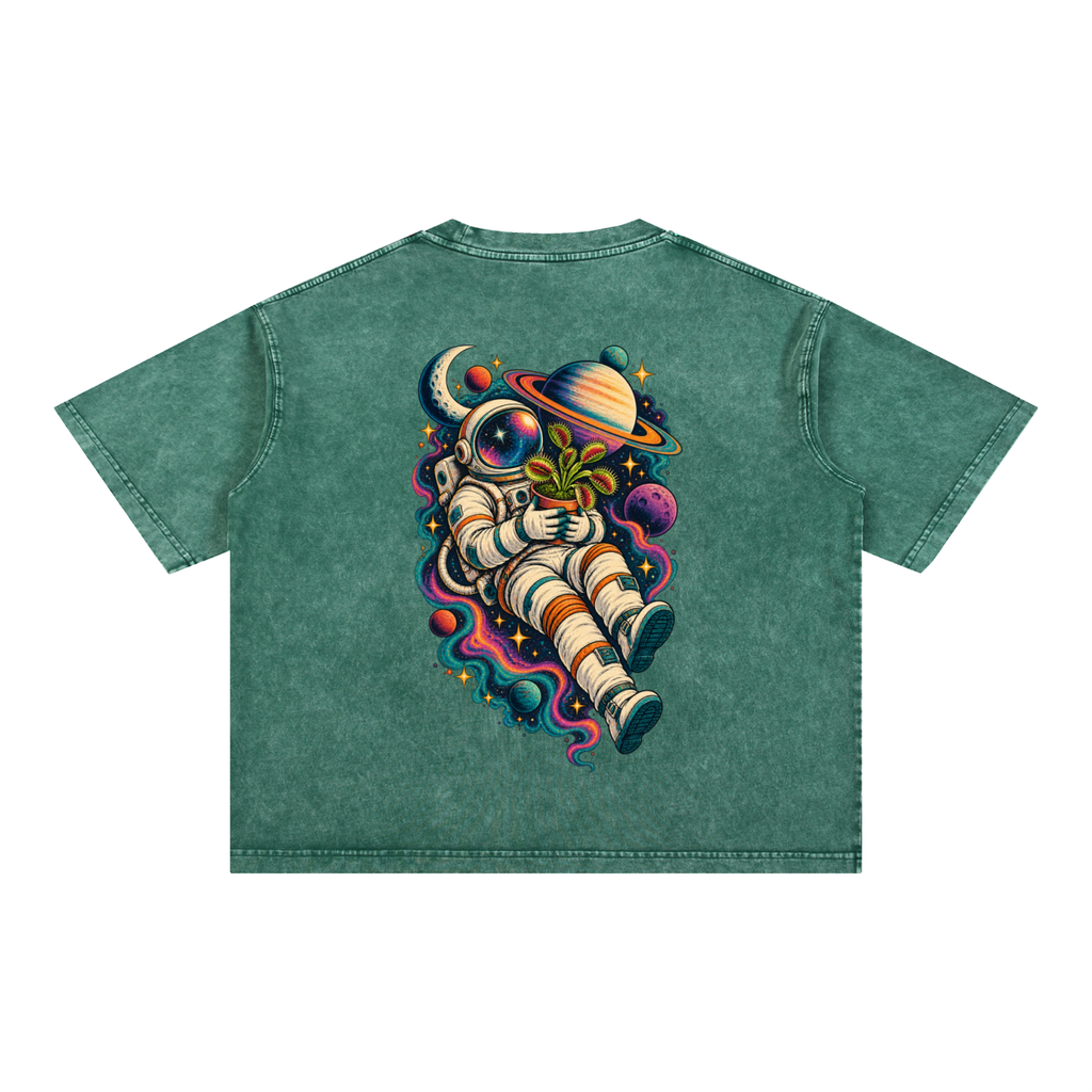 Astronaut & Venus Flytrap Mineral Wash Boxy T-Shirt – Carnivorous Plant Space Graphic, 100% Cotton