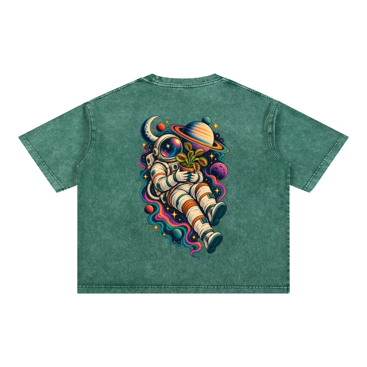 Astronaut & Venus Flytrap Mineral Wash Boxy T-Shirt – Carnivorous Plant Space Graphic, 100% Cotton