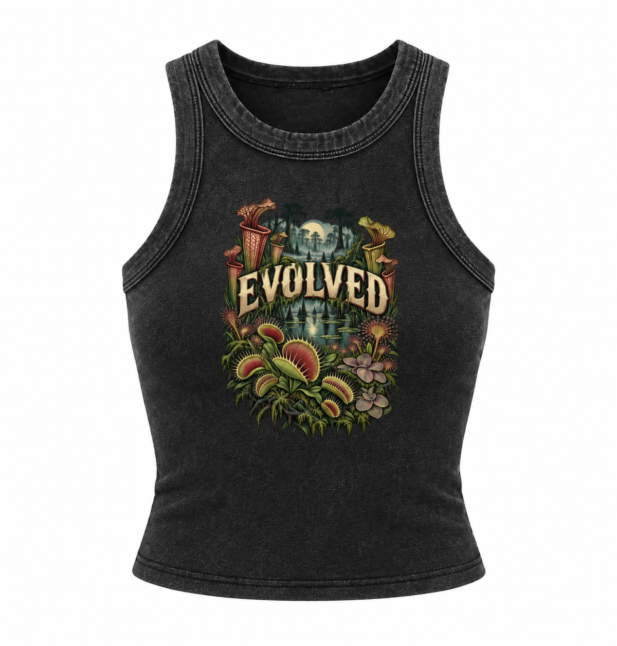 Carnivorous Plant Tank Top – Venus Flytrap Botanical Graphic, Snow Washed, 93% Cotton Sleeveless Shirt