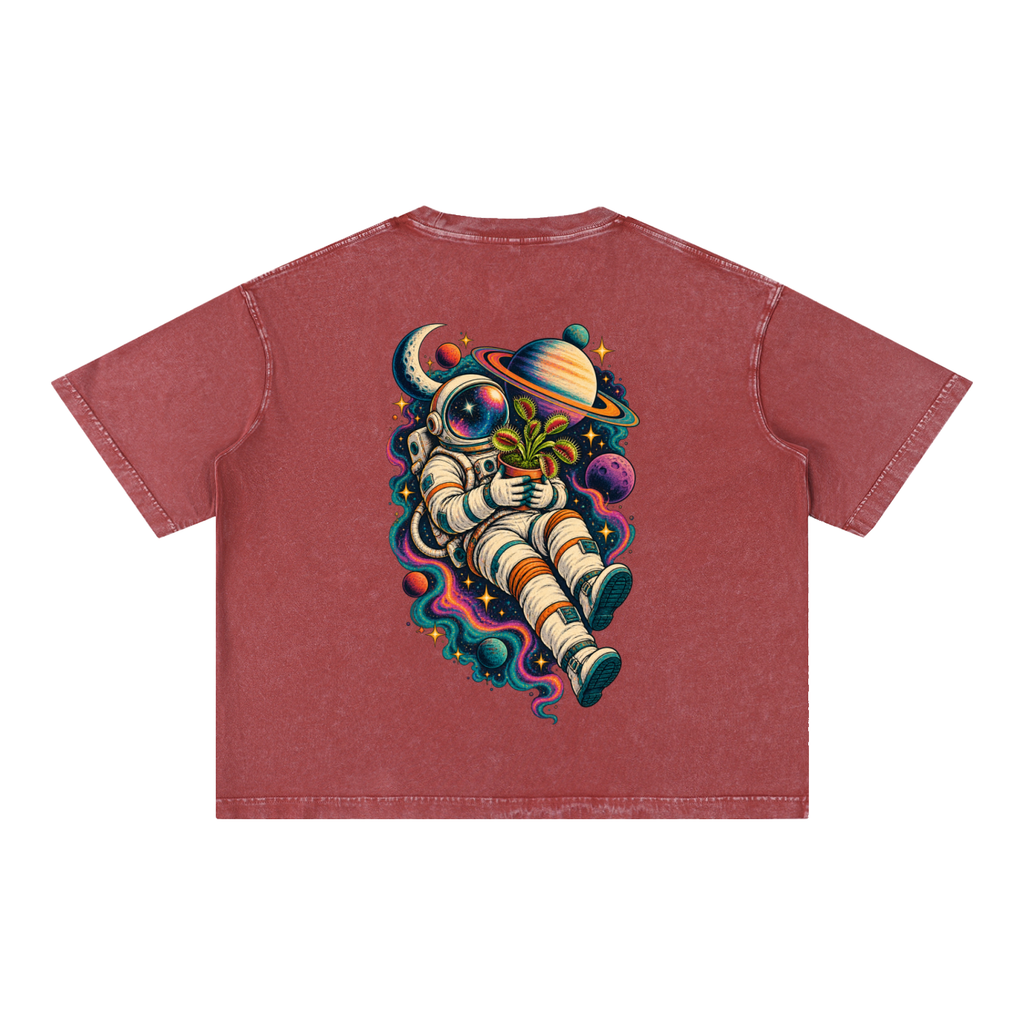 Astronaut & Venus Flytrap Mineral Wash Boxy T-Shirt – Carnivorous Plant Space Graphic, 100% Cotton