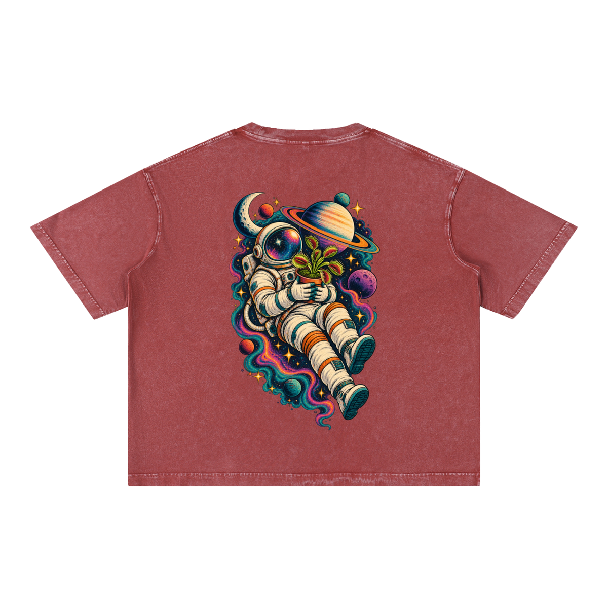 Astronaut & Venus Flytrap Mineral Wash Boxy T-Shirt – Carnivorous Plant Space Graphic, 100% Cotton