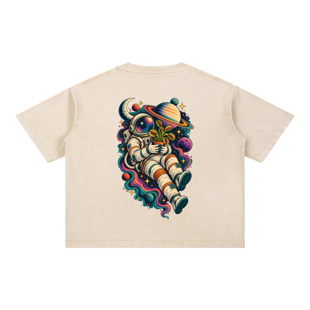 Astronaut & Venus Flytrap Mineral Wash Boxy T-Shirt – Carnivorous Plant Space Graphic, 100% Cotton