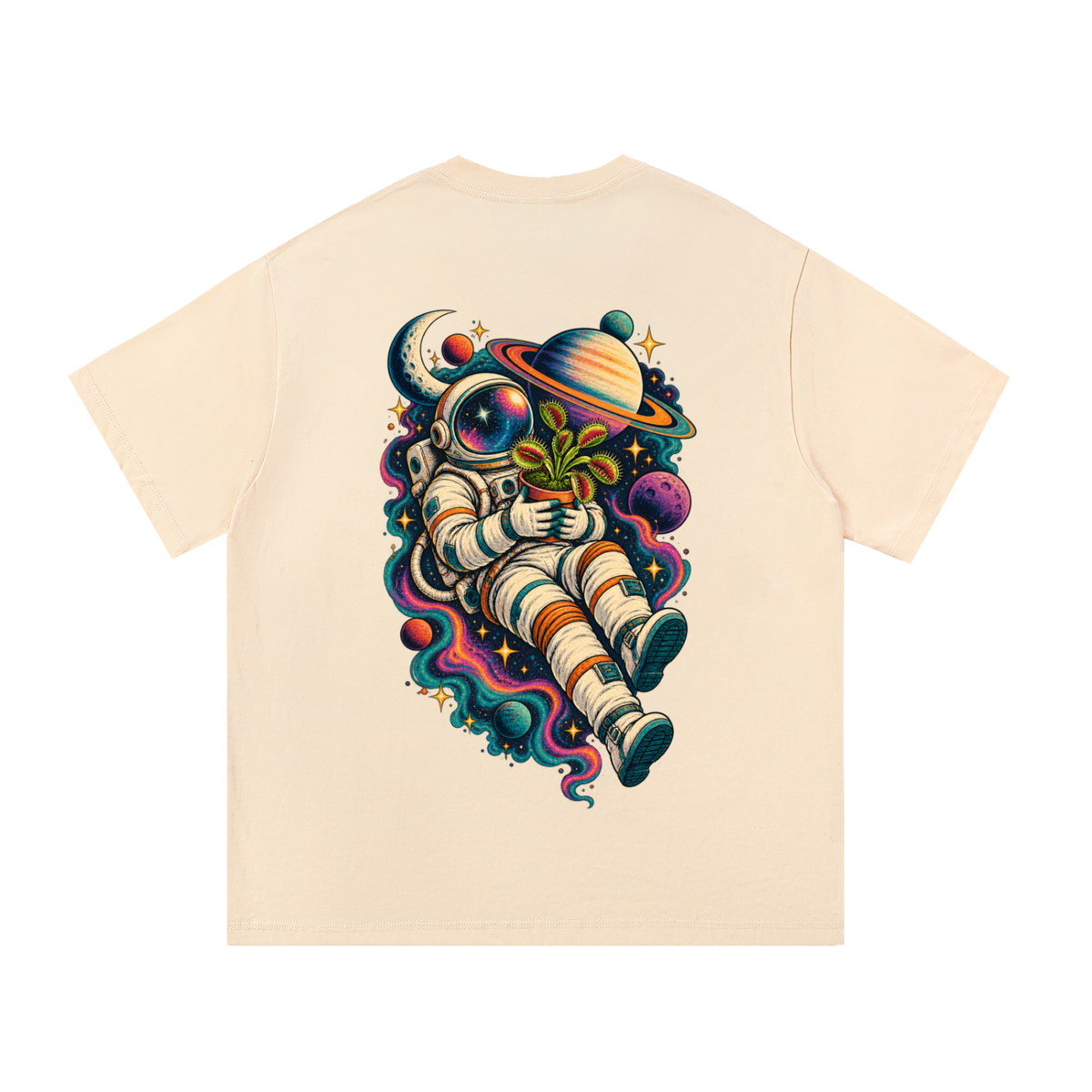 Venus Flytrap In Space Oversized T-Shirt – Carnivorous Plant Galaxy Graphic Tee, Unisex Streetwear