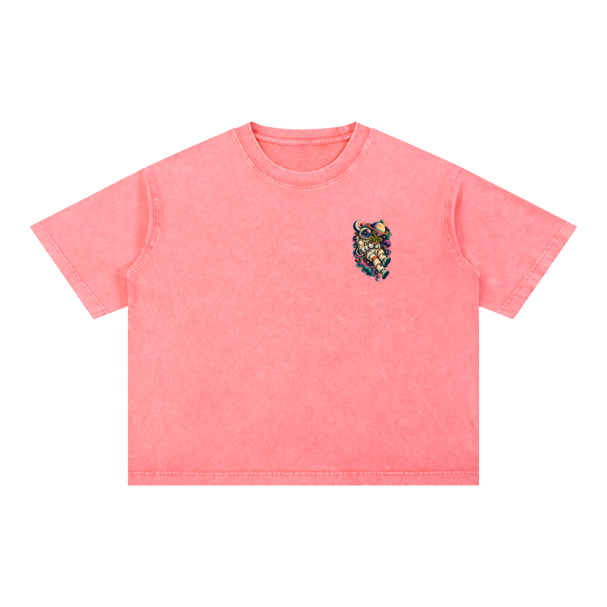 Astronaut & Venus Flytrap Mineral Wash Boxy T-Shirt – Carnivorous Plant Space Graphic, 100% Cotton