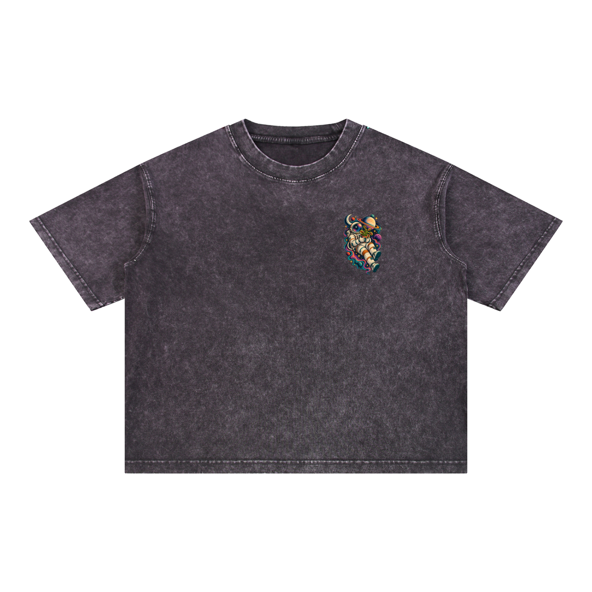 Astronaut & Venus Flytrap Mineral Wash Boxy T-Shirt – Carnivorous Plant Space Graphic, 100% Cotton