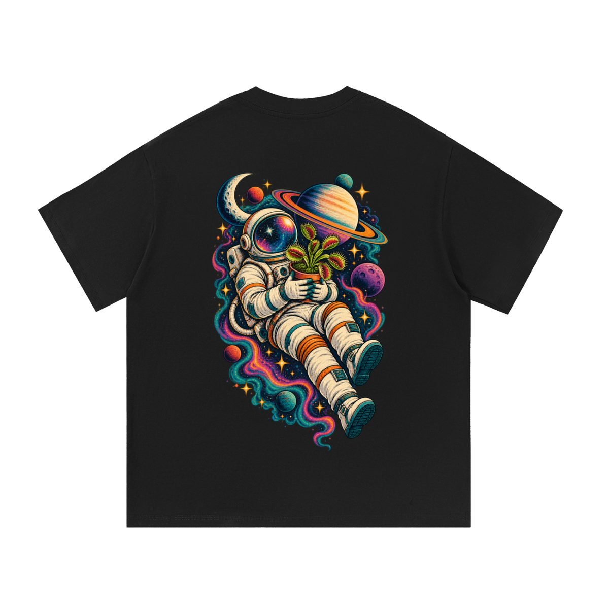 Venus Flytrap In Space Oversized T-Shirt – Carnivorous Plant Galaxy Graphic Tee, Unisex Streetwear