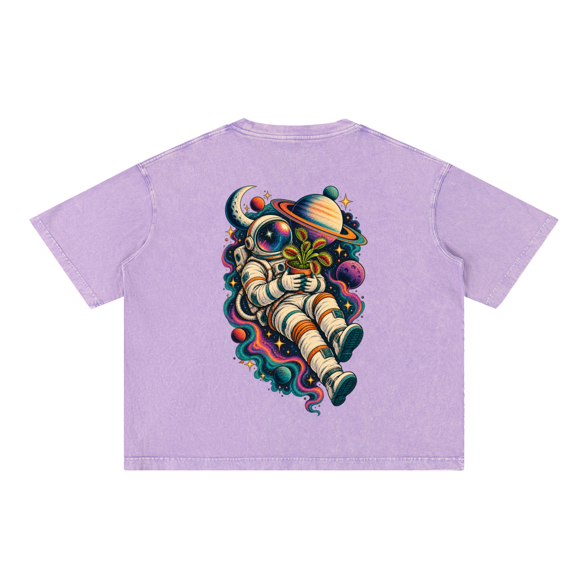 Astronaut & Venus Flytrap Mineral Wash Boxy T-Shirt – Carnivorous Plant Space Graphic, 100% Cotton