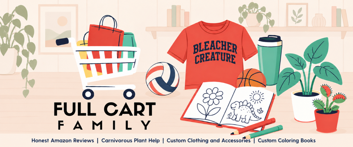 A promotional banner for 'Full Cart Family' featuring a collection of illustrated items including a red t-shirt with 'BLEACHER CREATURE' text, a shopping cart, a coloring book, a coffee cup, and potted plants on a beige background.