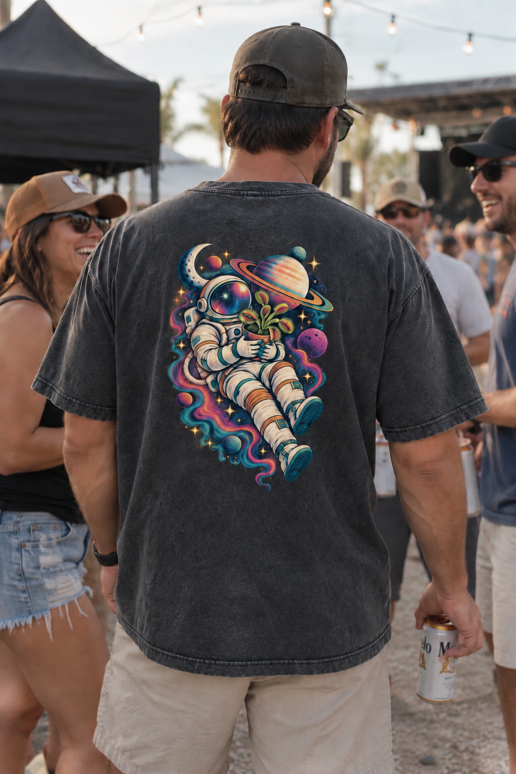 Astronaut & Venus Flytrap Mineral Wash Boxy T-Shirt – Carnivorous Plant Space Graphic, 100% Cotton