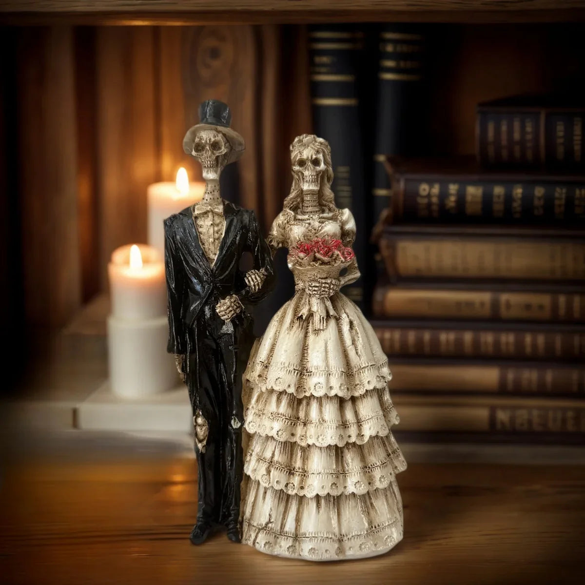 Halloween Skeleton Couple Statue – Vintage Wedding Style Resin Ornament, Romantic Spooky Home Decor