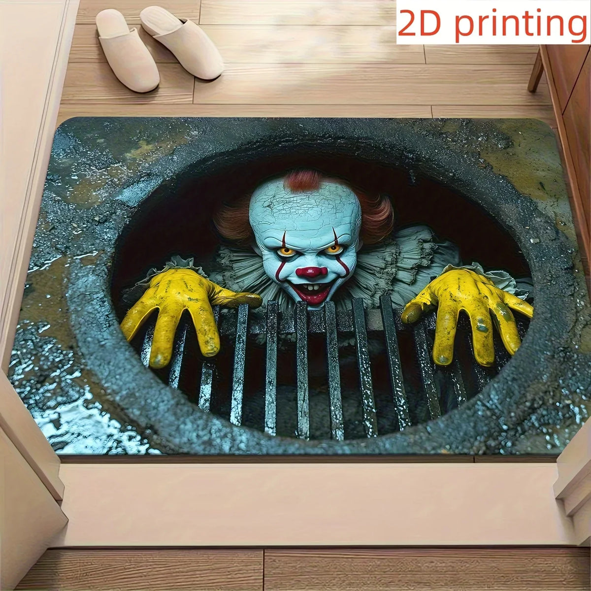 Halloween Clown Horror Doormat – Manhole Cover Design, Anti-Slip Polyester Rug, Spooky Entryway Decor