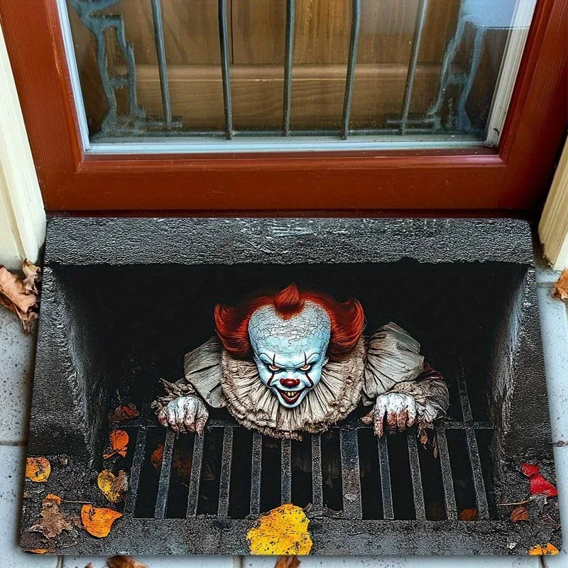 Halloween Clown Horror Doormat – Manhole Cover Design, Anti-Slip Polyester Rug, Spooky Entryway Decor
