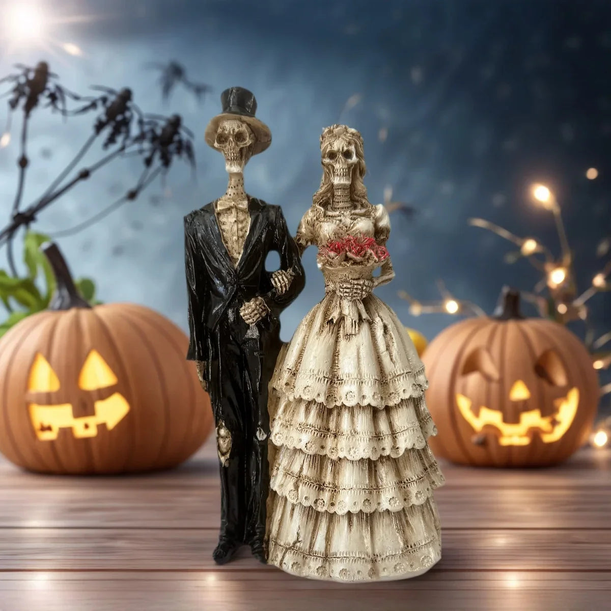 Halloween Skeleton Couple Statue – Vintage Wedding Style Resin Ornament, Romantic Spooky Home Decor