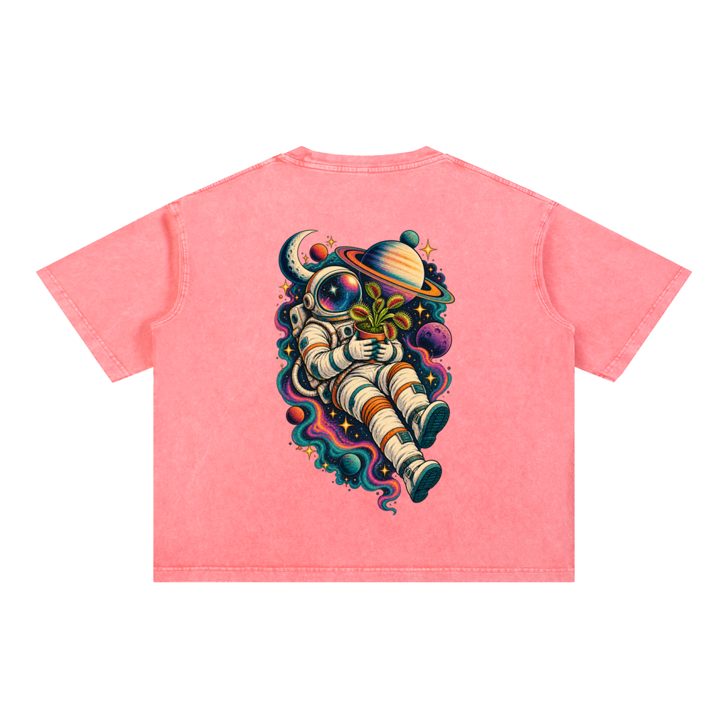 Astronaut & Venus Flytrap Mineral Wash Boxy T-Shirt – Carnivorous Plant Space Graphic, 100% Cotton