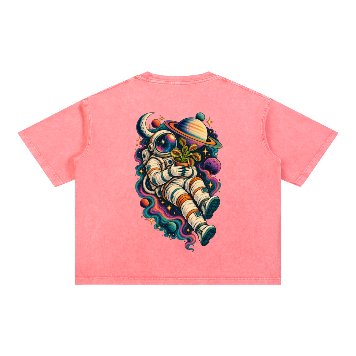 Astronaut & Venus Flytrap Mineral Wash Boxy T-Shirt – Carnivorous Plant Space Graphic, 100% Cotton