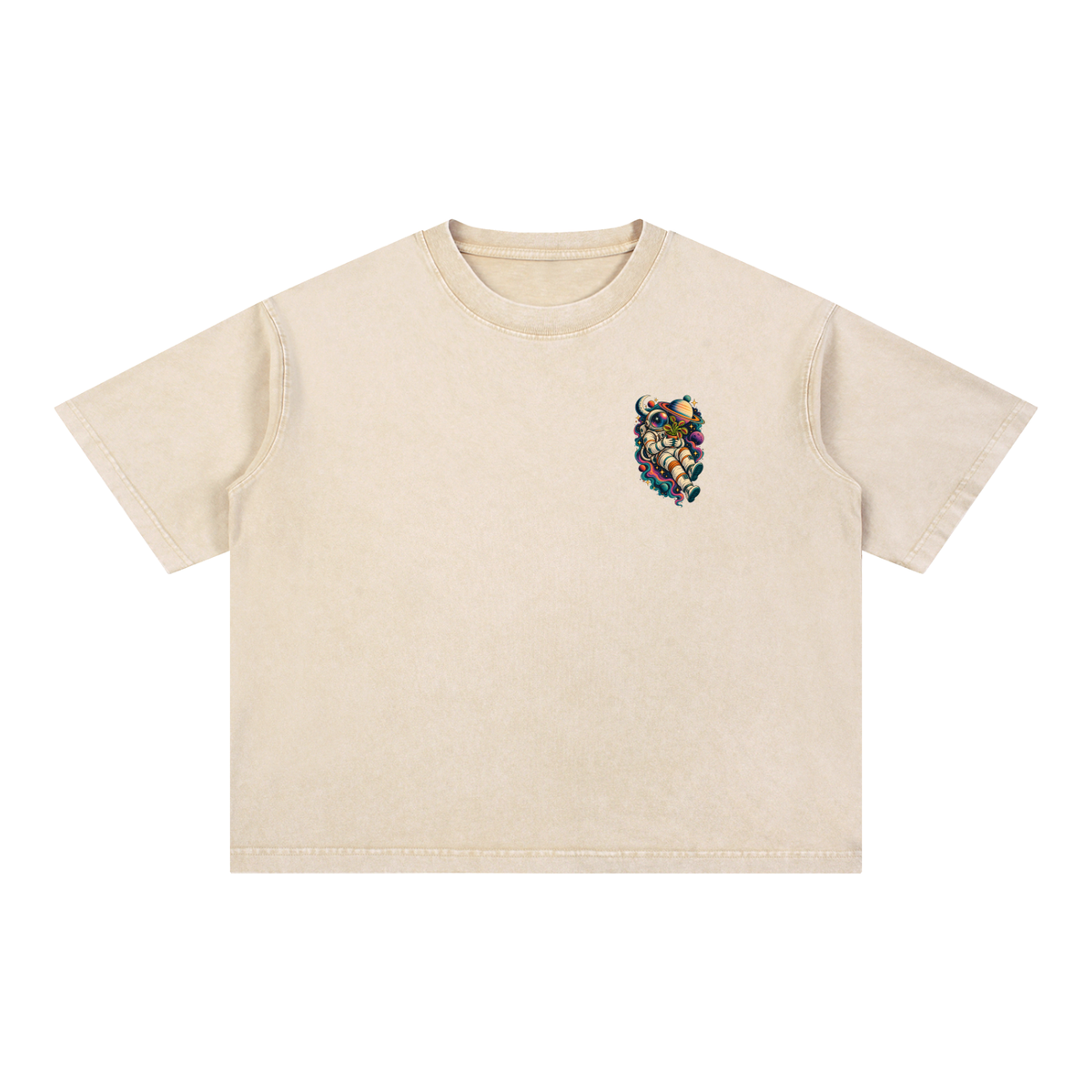 Astronaut & Venus Flytrap Mineral Wash Boxy T-Shirt – Carnivorous Plant Space Graphic, 100% Cotton