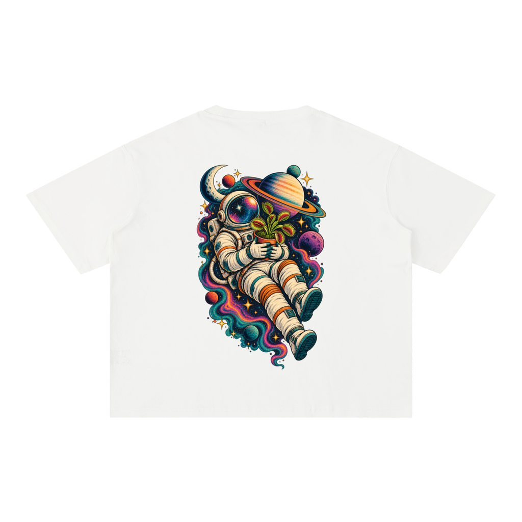 Astronaut & Venus Flytrap Mineral Wash Boxy T-Shirt – Carnivorous Plant Space Graphic, 100% Cotton