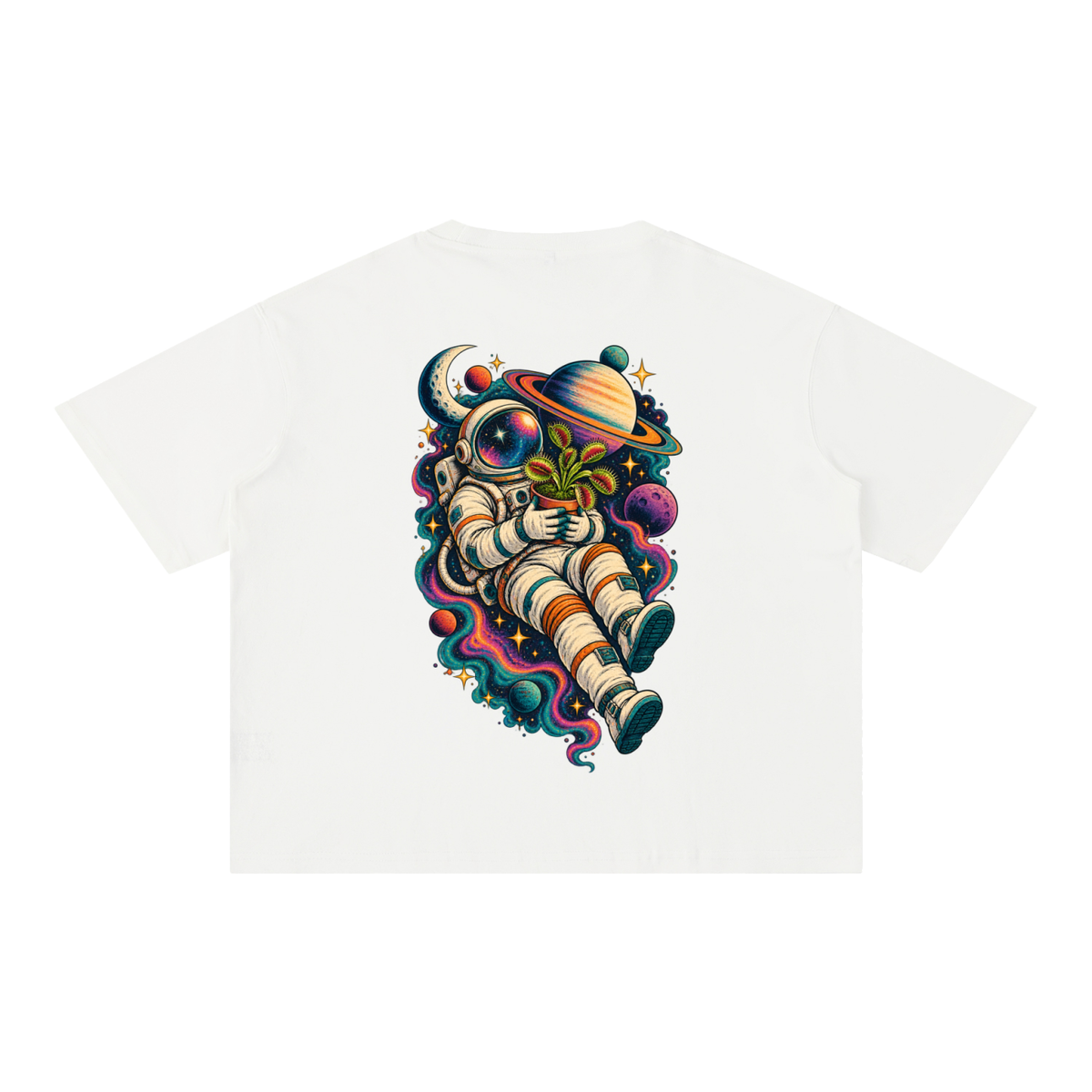 Astronaut & Venus Flytrap Mineral Wash Boxy T-Shirt – Carnivorous Plant Space Graphic, 100% Cotton