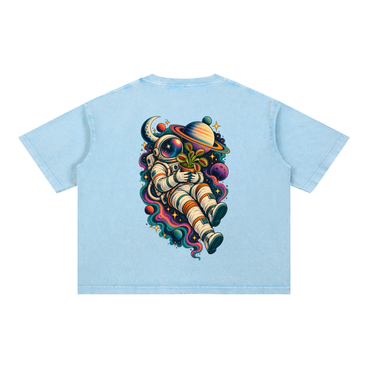 Astronaut & Venus Flytrap Mineral Wash Boxy T-Shirt – Carnivorous Plant Space Graphic, 100% Cotton