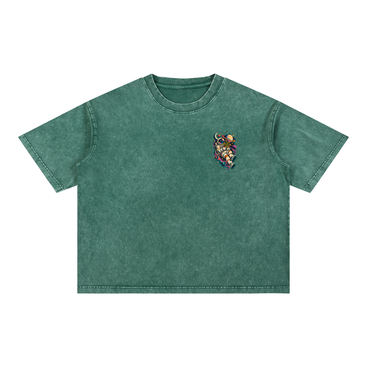 Astronaut & Venus Flytrap Mineral Wash Boxy T-Shirt – Carnivorous Plant Space Graphic, 100% Cotton