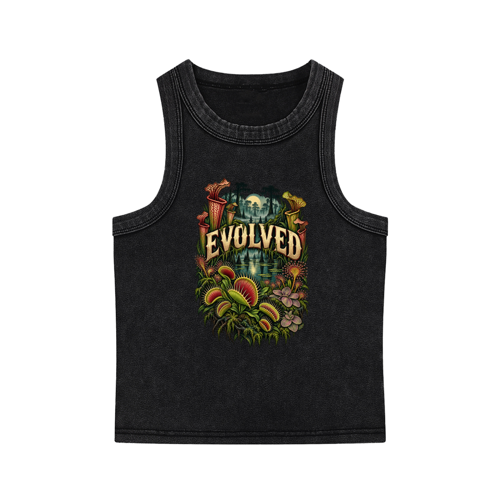 Carnivorous Plant Tank Top – Venus Flytrap Botanical Graphic, Snow Washed, 93% Cotton Sleeveless Shirt