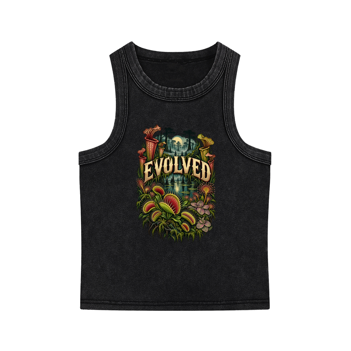 Carnivorous Plant Tank Top – Venus Flytrap Botanical Graphic, Snow Washed, 93% Cotton Sleeveless Shirt