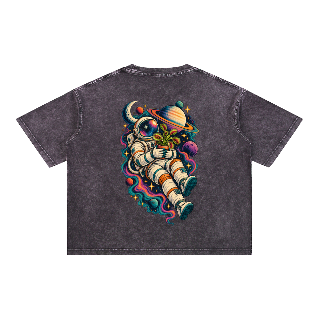 Astronaut & Venus Flytrap Mineral Wash Boxy T-Shirt – Carnivorous Plant Space Graphic, 100% Cotton