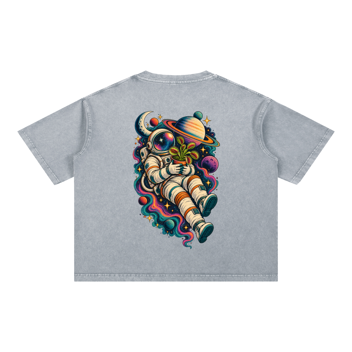 Astronaut & Venus Flytrap Mineral Wash Boxy T-Shirt – Carnivorous Plant Space Graphic, 100% Cotton