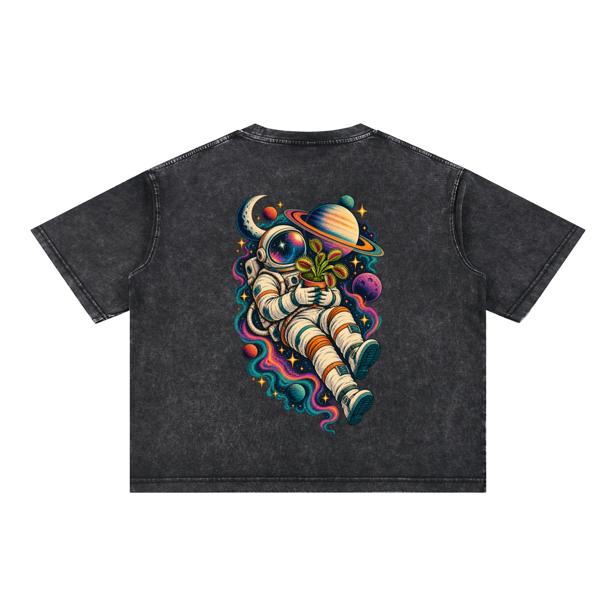Astronaut & Venus Flytrap Mineral Wash Boxy T-Shirt – Carnivorous Plant Space Graphic, 100% Cotton