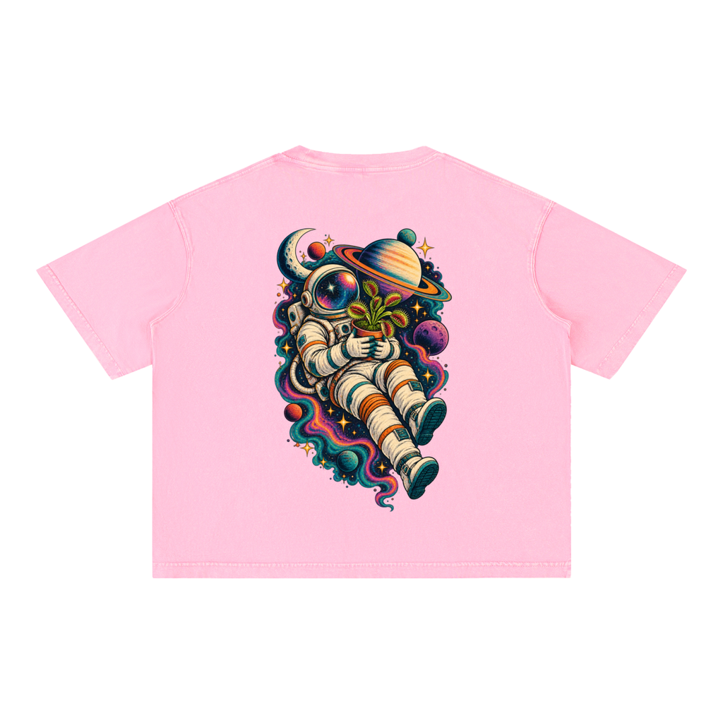 Astronaut & Venus Flytrap Mineral Wash Boxy T-Shirt – Carnivorous Plant Space Graphic, 100% Cotton